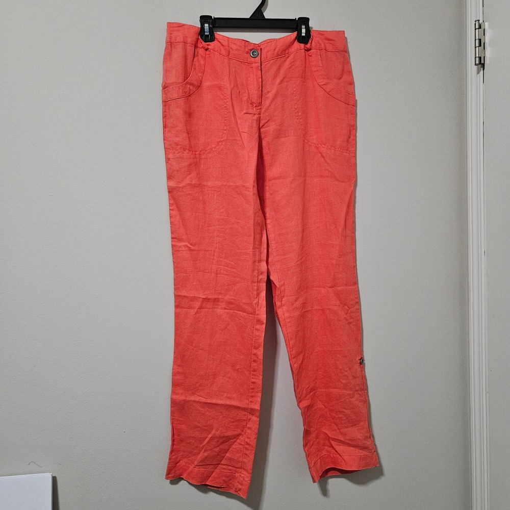 Willi Smith Women 10 Coral Orange 100% Linen Straight Leg Cargo Utility Pants